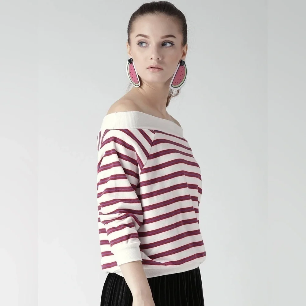 FOREVER 21 Women White & Red Striped Sweatshirt size 0X - Picture 2 of 7